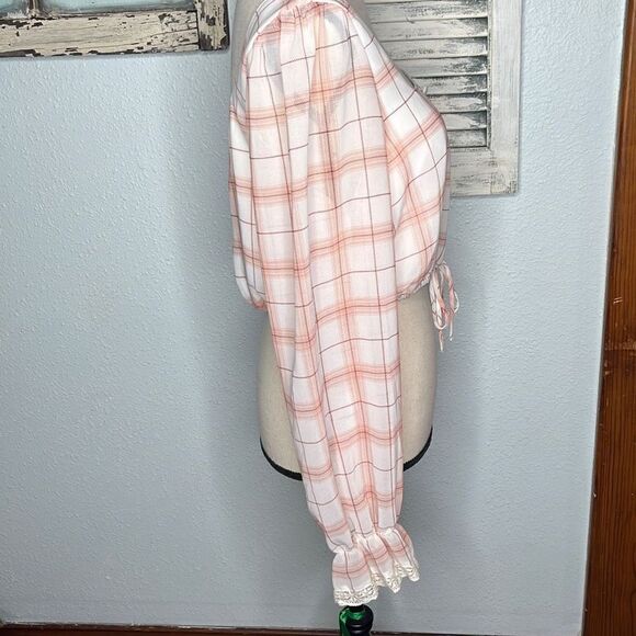 Society Stitch Plaid Checkered White Pink Poet Long Sleeve Women's Crop Top Size - Picture 8 of 11